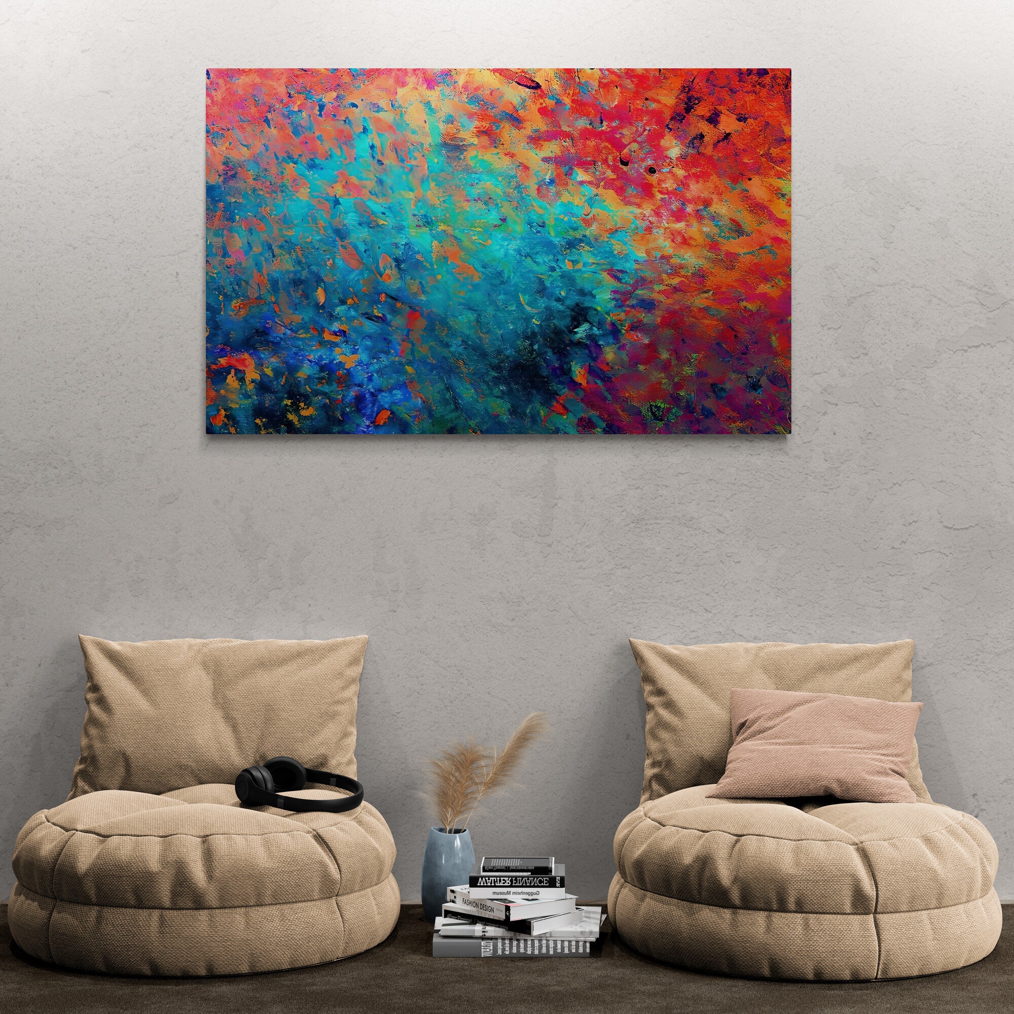 Red Blue Wall Art, Modern Colorful Canvas, Red Blue Framed Canvas