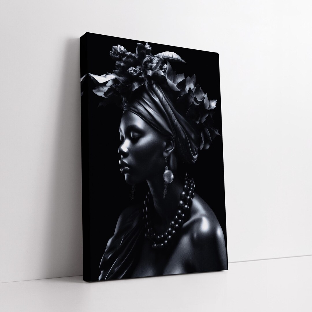 Black Woman Canvas Wall Art – Elegant Metallic Portrait With Floral ...