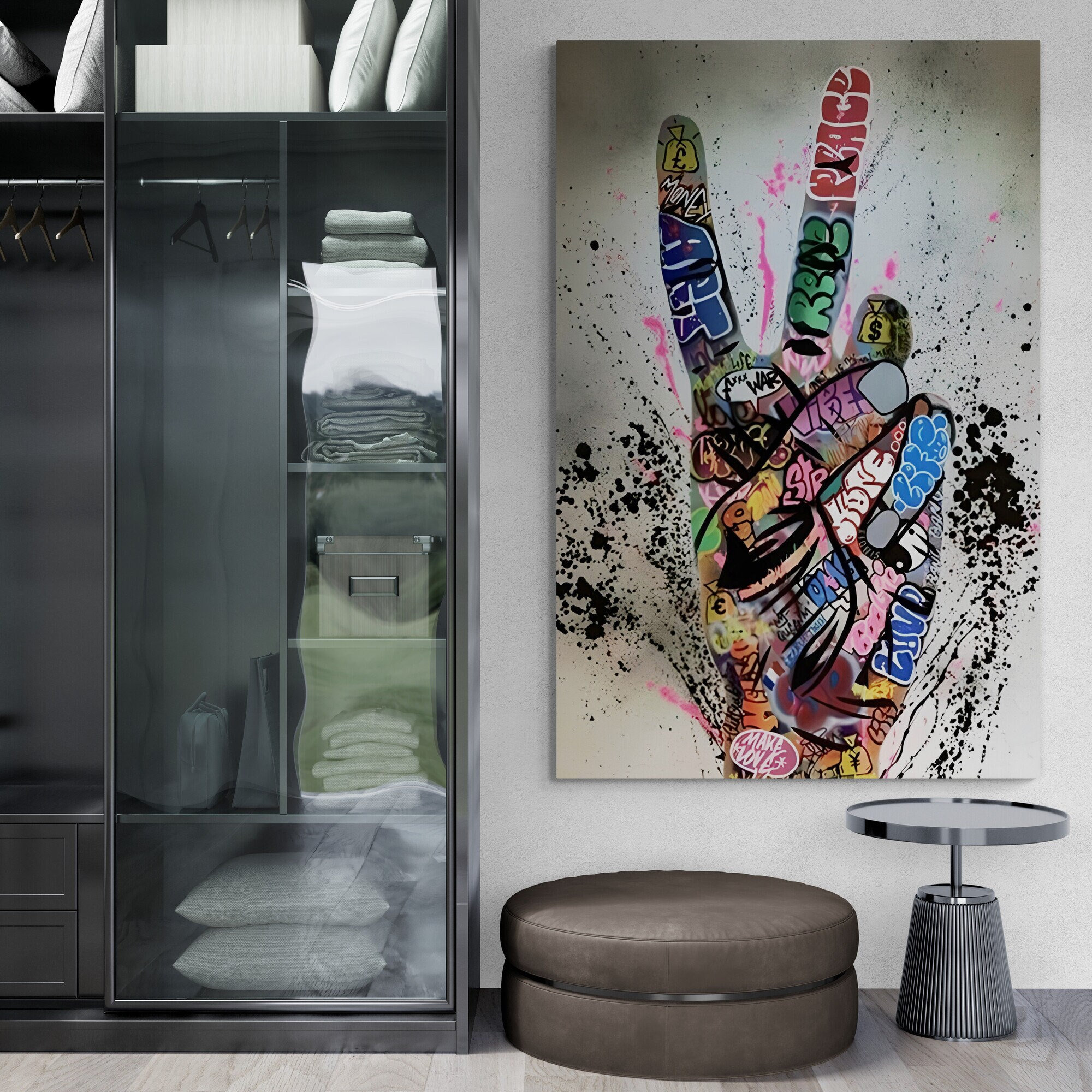 Banksy Graffiti Wall Art, Graffiti Victory Sign Framed Canvas, Banksy Wall Art, Hand Gesture Canvas, Banksy Graffiti Silver Framed Canvas