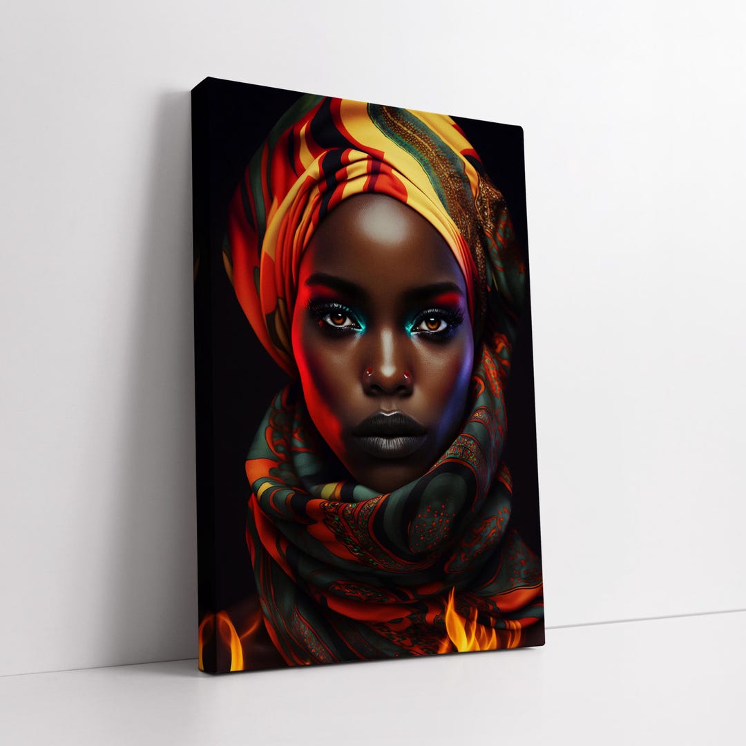 African Woman Canvas Wall Art Fiery Afro Portrait Bold Red Orange Tones ...