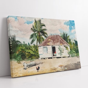 May include: Watercolor painting of a tropical scene featuring a white house with a thatched roof. Lush green foliage and palm trees surround the house. A rooster stands on the sandy ground in front of the house. The sky is blue with fluffy white clouds.
