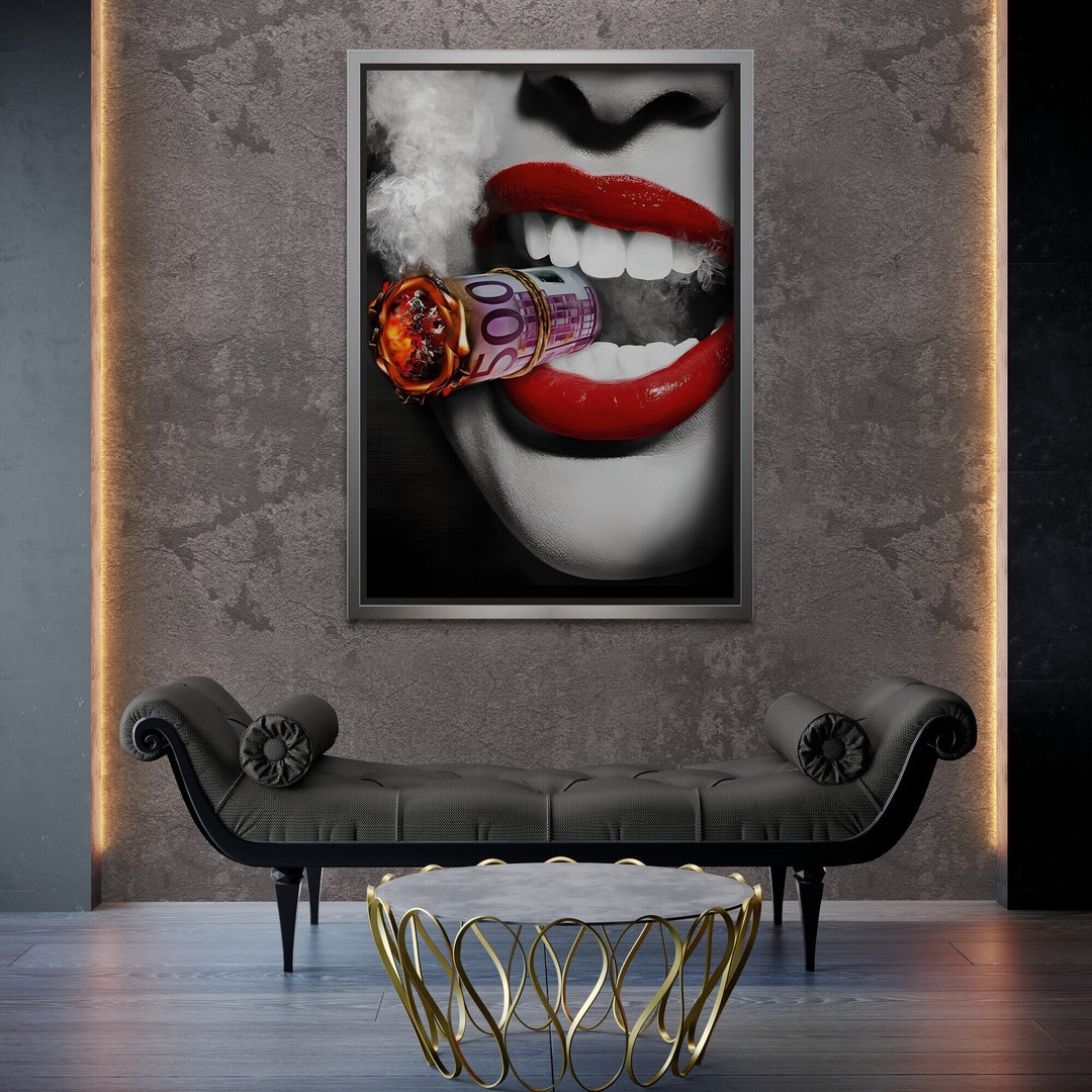Woman Smoking Cigar Framed Canvas, Woman With Red Lipstick Wall Art ...