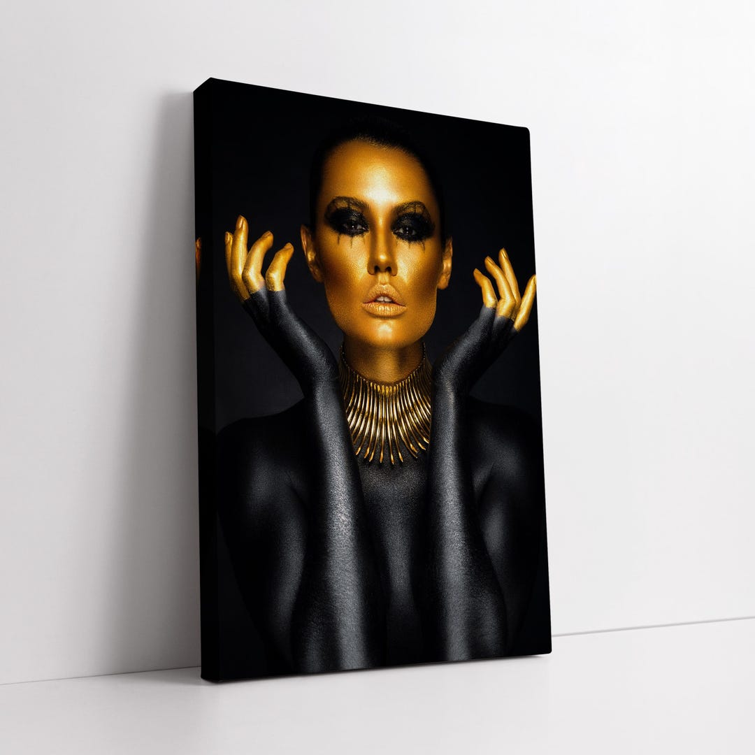 Golden Majesty Portrait Canvas Wall Art – Black and Gold Luxury Woman ...