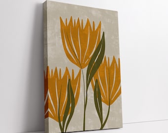 Modern Botanical Flower Wall Art | Abstract Yellow Floral Canvas in Warm Earth Tones, Minimal Nature Design for Living Room or Bedroom Decor