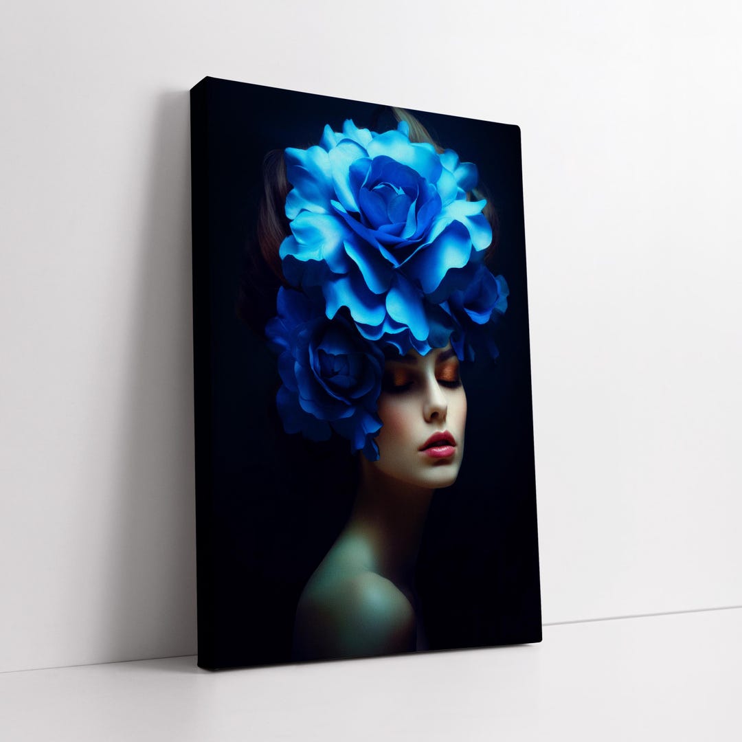 Blue Rose Woman Canvas Wall Art – Elegant Floral Portrait Representing ...