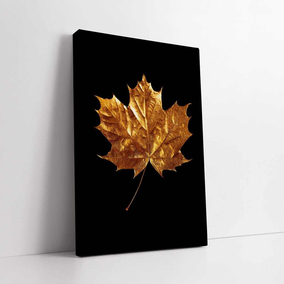 Golden Leaf Canvas Wall Art – Elegant Minimal Nature Print in Black and ...