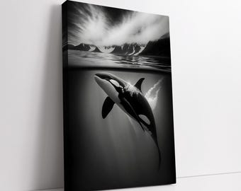 Black and White Orca Wall Art – Majestic Killer Whale Canvas in Arctic Ocean Scene, Marine Decor for Modern and Coastal Home Interiors