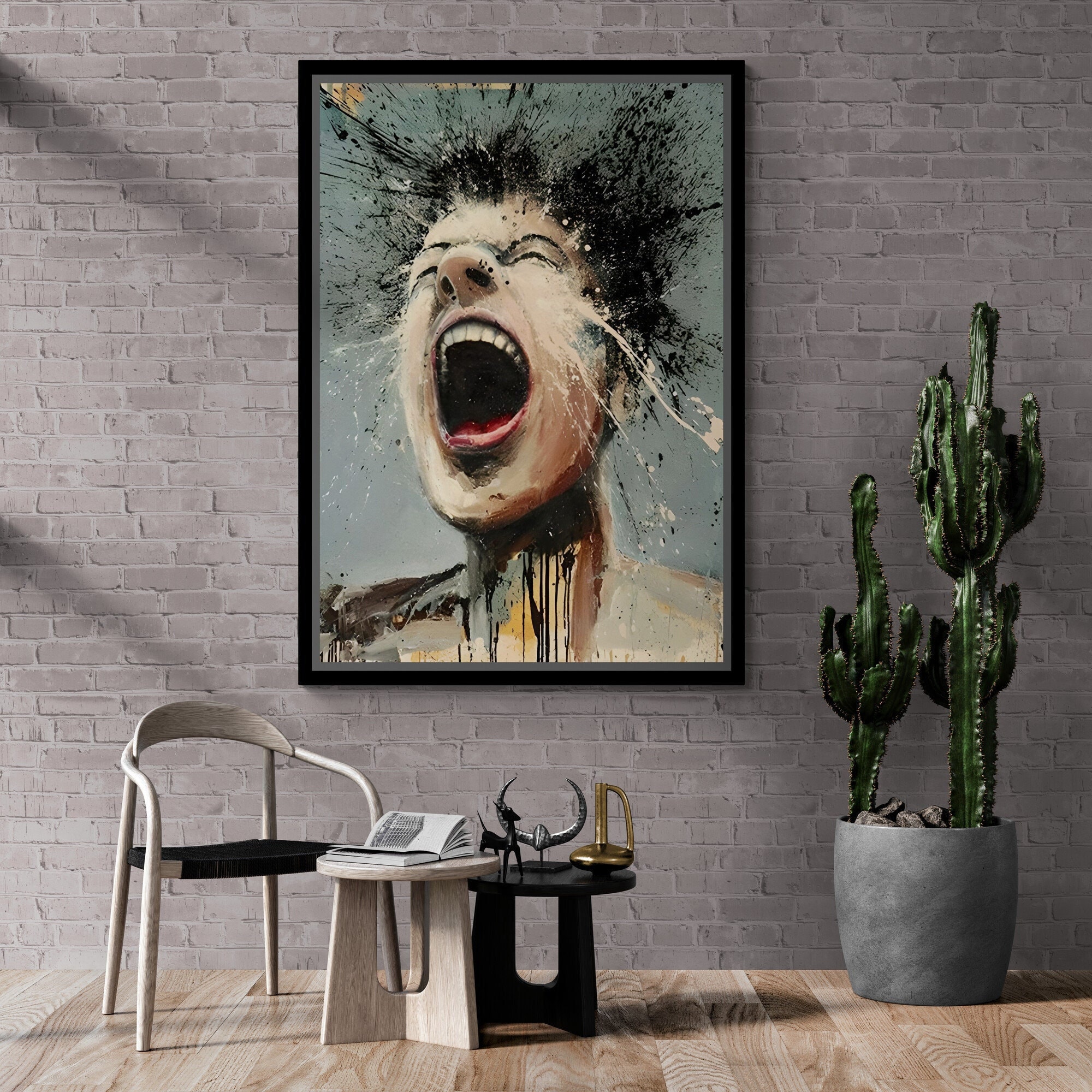 叫ぶ男の額入りキャンバス、不条理な絵のウォールアート、人間の絵の