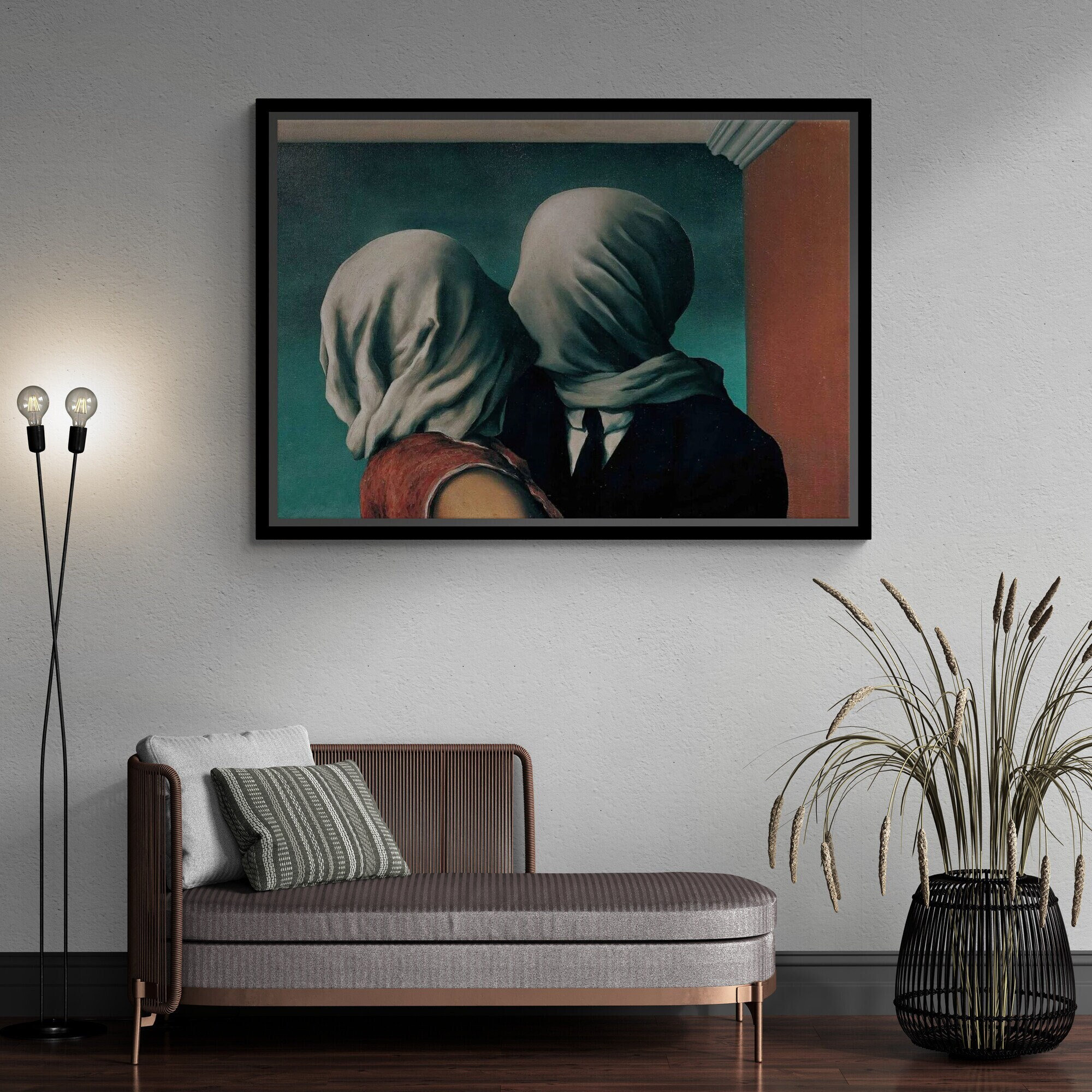 Rene Magritte the Lovers Wall Art, Couple Kiss Framed Canvas