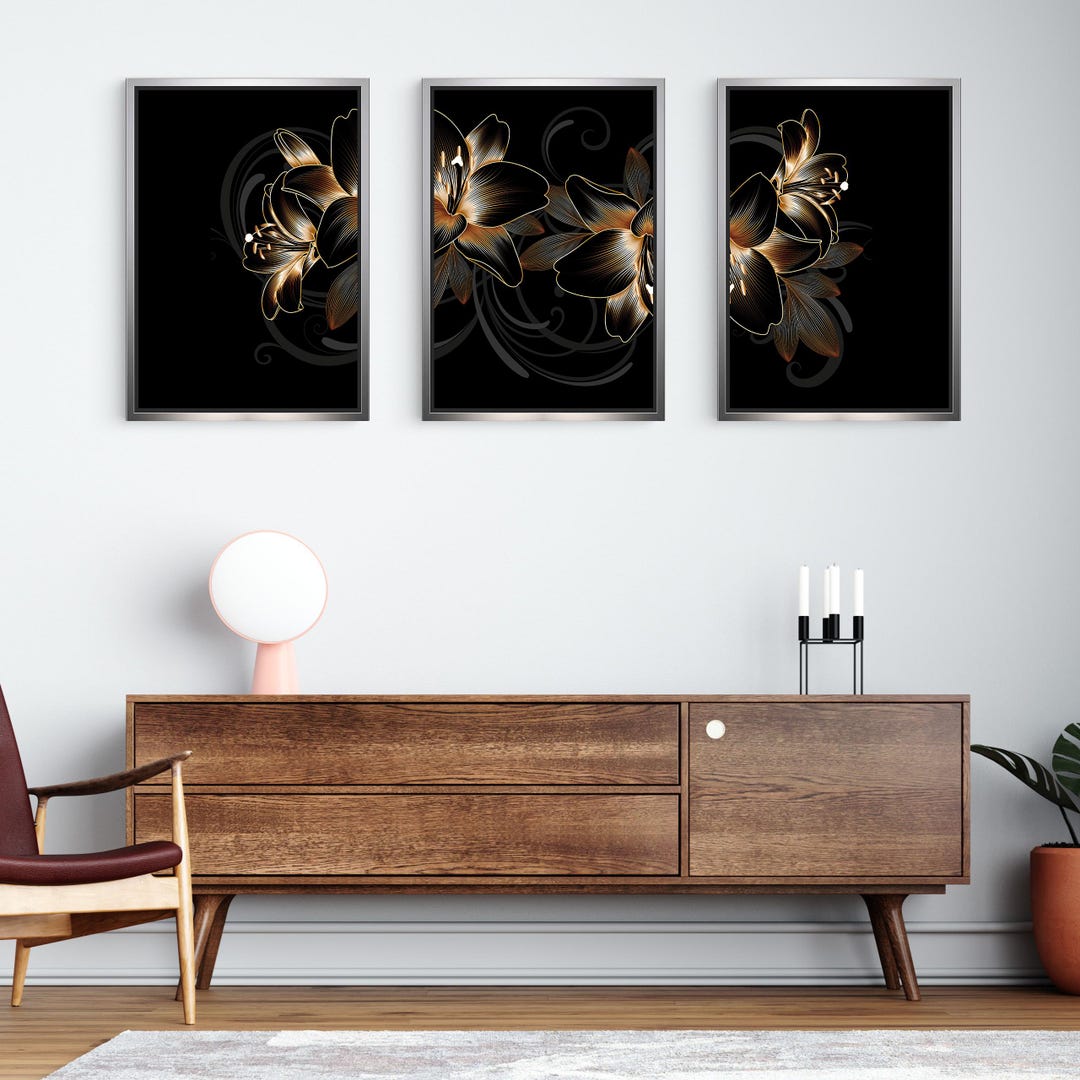Golden Flower Black Background Abstract Decorative Set of 3 Canvas Wall ...