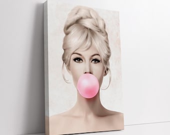 Brigitte Bardot Bubble Gum Wall Art – Elegant Pop Art Canvas Painting In Soft Tones For Stylish Living Room, Bedroom, Or Modern Office Decor