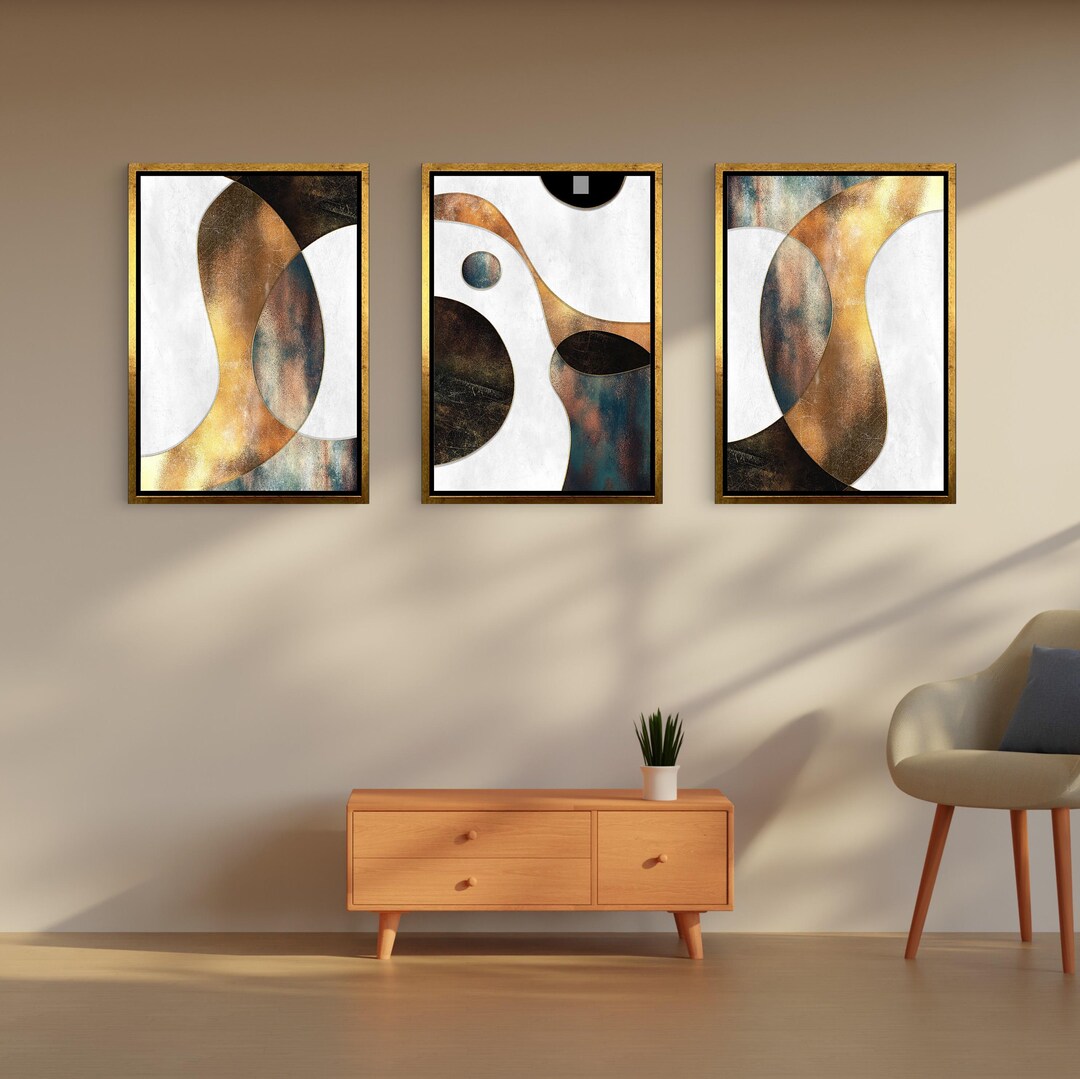 Geometric Gold and Black Abstract Set of 3 Canvas Wall Art, Geometric ...