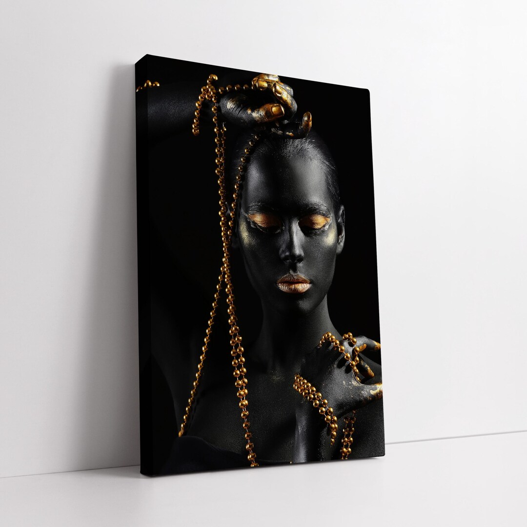 Golden Serenity Portrait Canvas Wall Art – Black and Gold Luxury Female ...