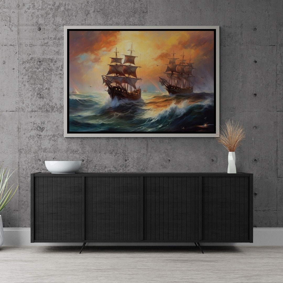 Pirate Ship Framed Canvas, Ship Wall Art, the Waves Canvas, Sea Artwork