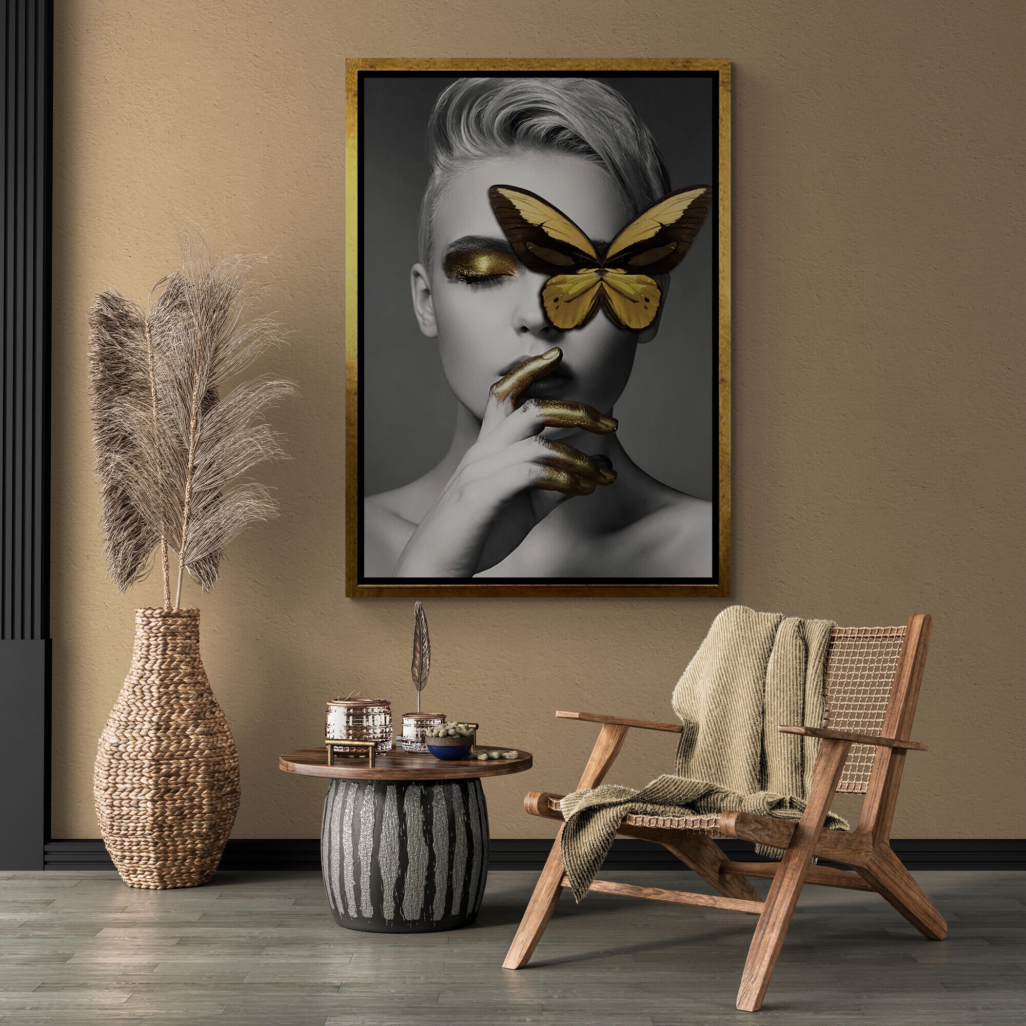 Golden Butterfly Wall Art, Butterfly Woman Face Framed Golden Butterfly Wall Art, Butterfly Woman Face Framed