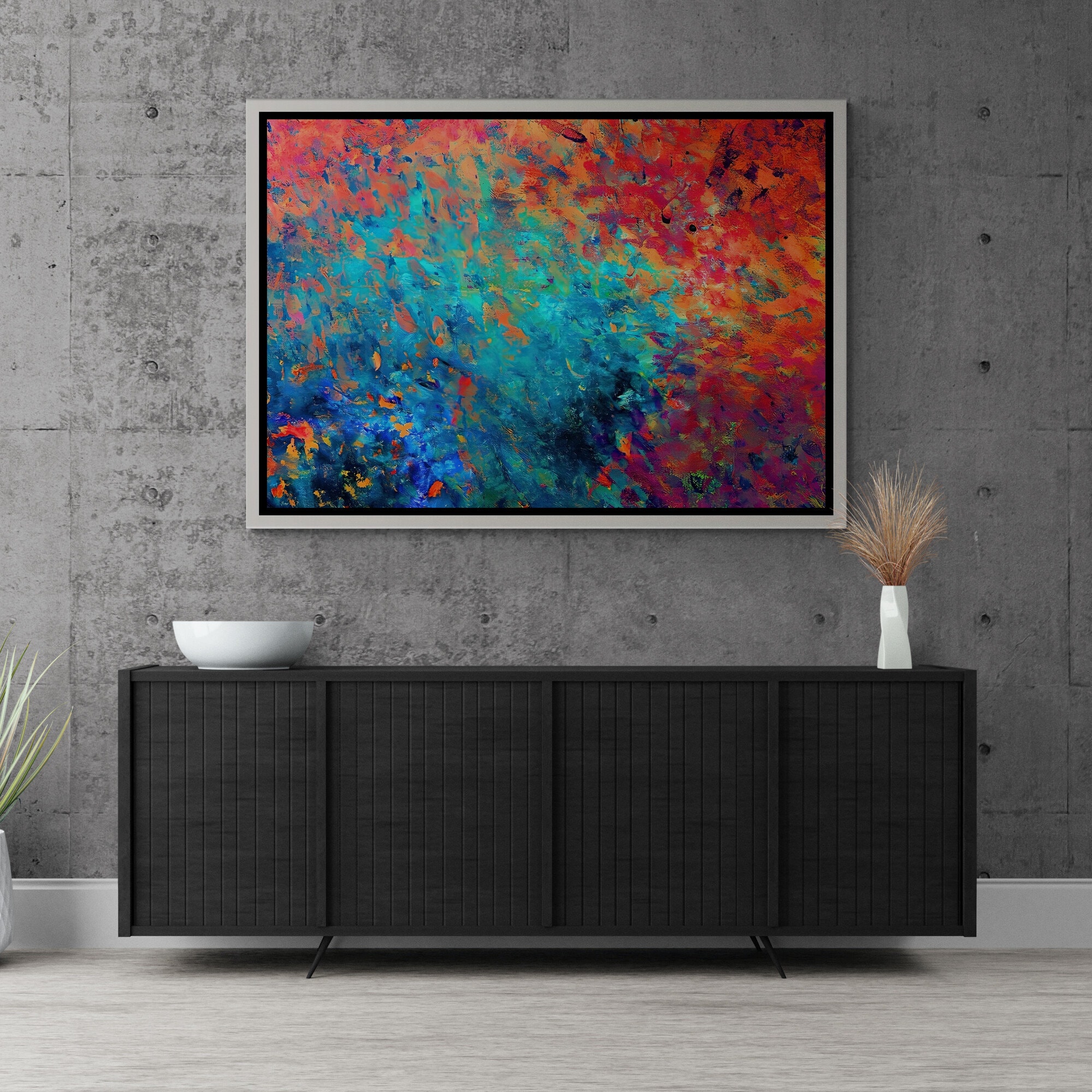 Red Blue Wall Art, Modern Colorful Canvas, Red Blue Framed Canvas