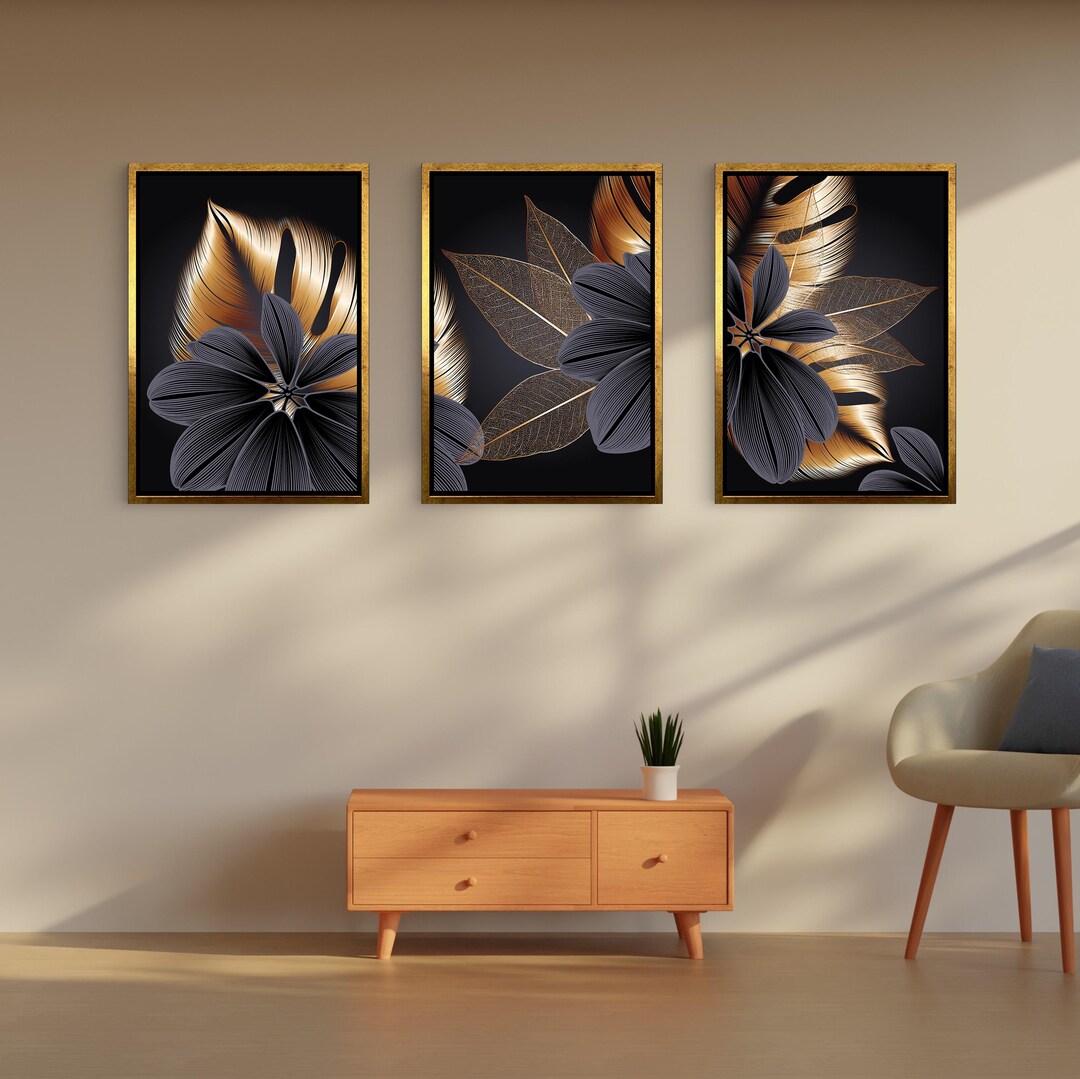 Abstract Gold and Black Flower Petals Set of 3 Canvas Wall Art, Gold ...