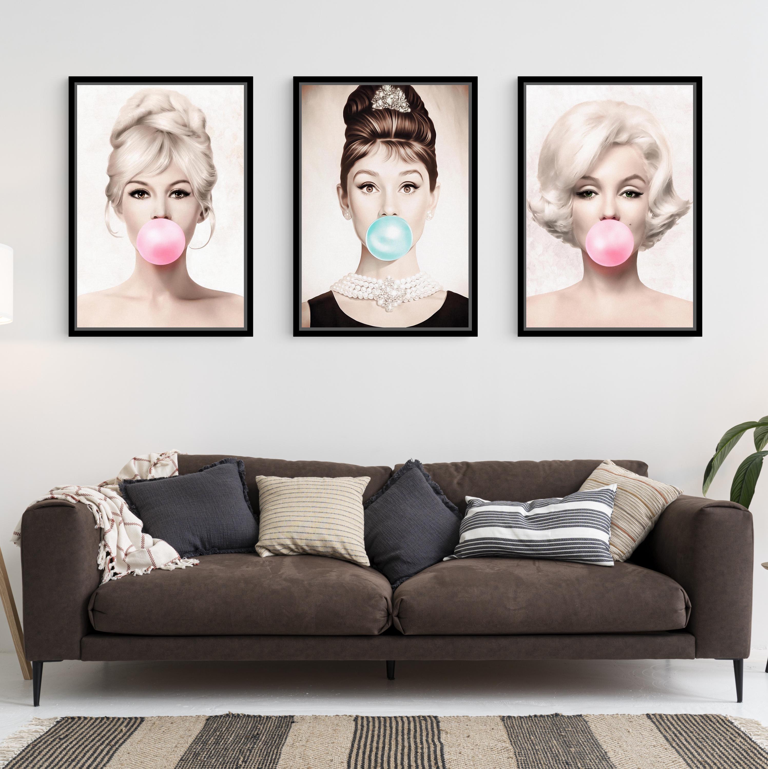 Marilyn Monroe, Audrey Hepburn, Brigitte Bardot Pink Bubble Gum Set of 3 Canvas Wall Art, Modern Portraits Home Decor, Trio 3-Piece Canvas
