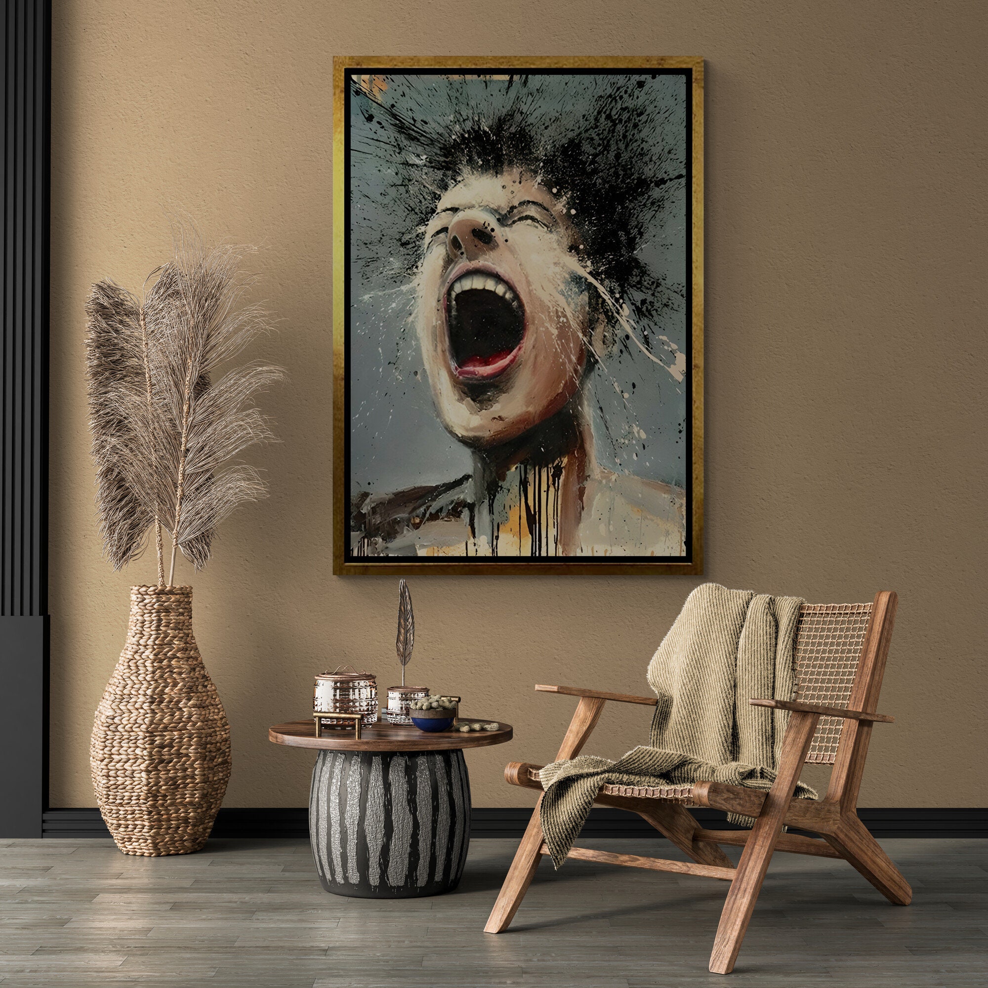 叫ぶ男の額入りキャンバス、不条理な絵のウォールアート、人間の絵の