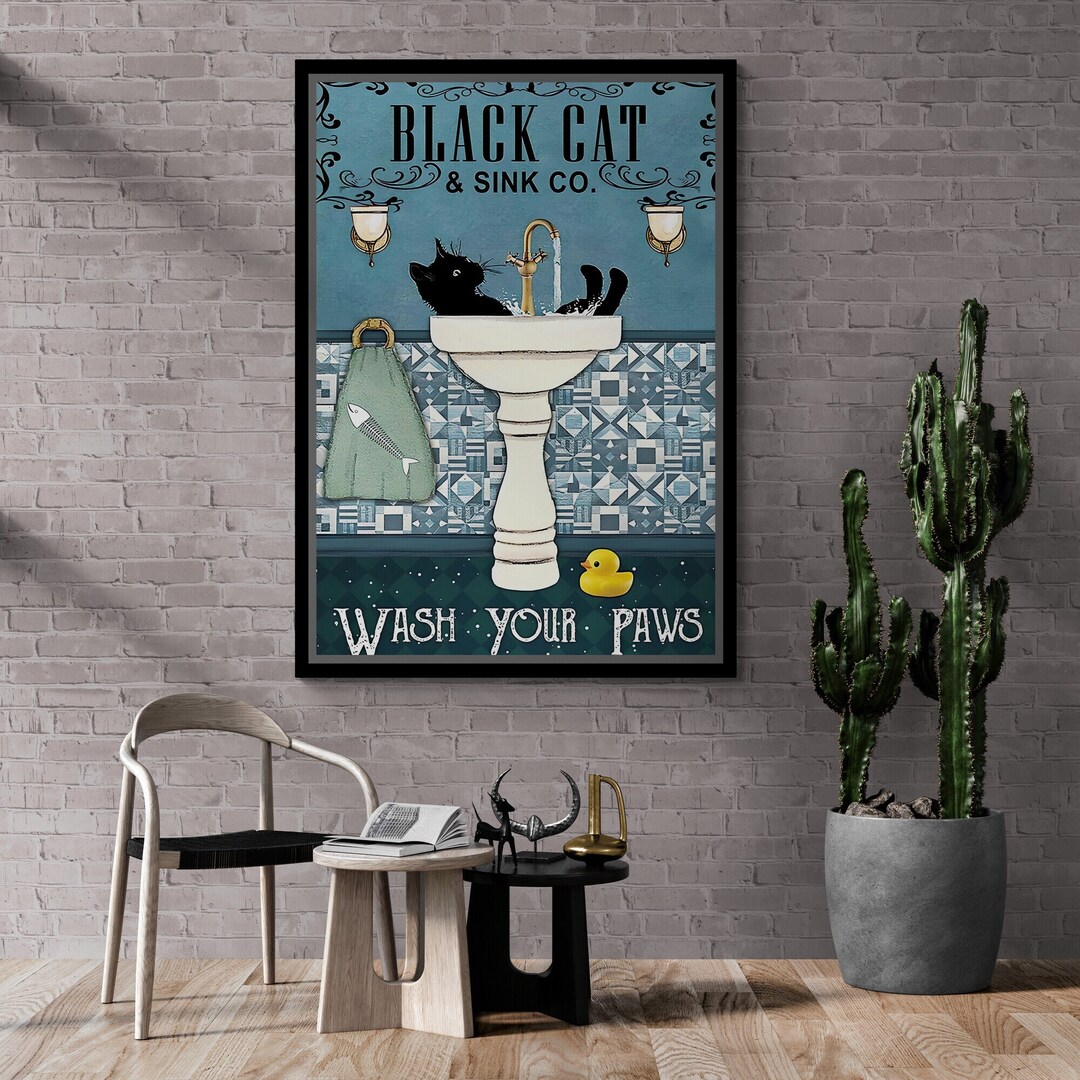 Funny Black Cat Framed Canvas, Wash Your Paws Wall Art, Bathroom Canvas ...