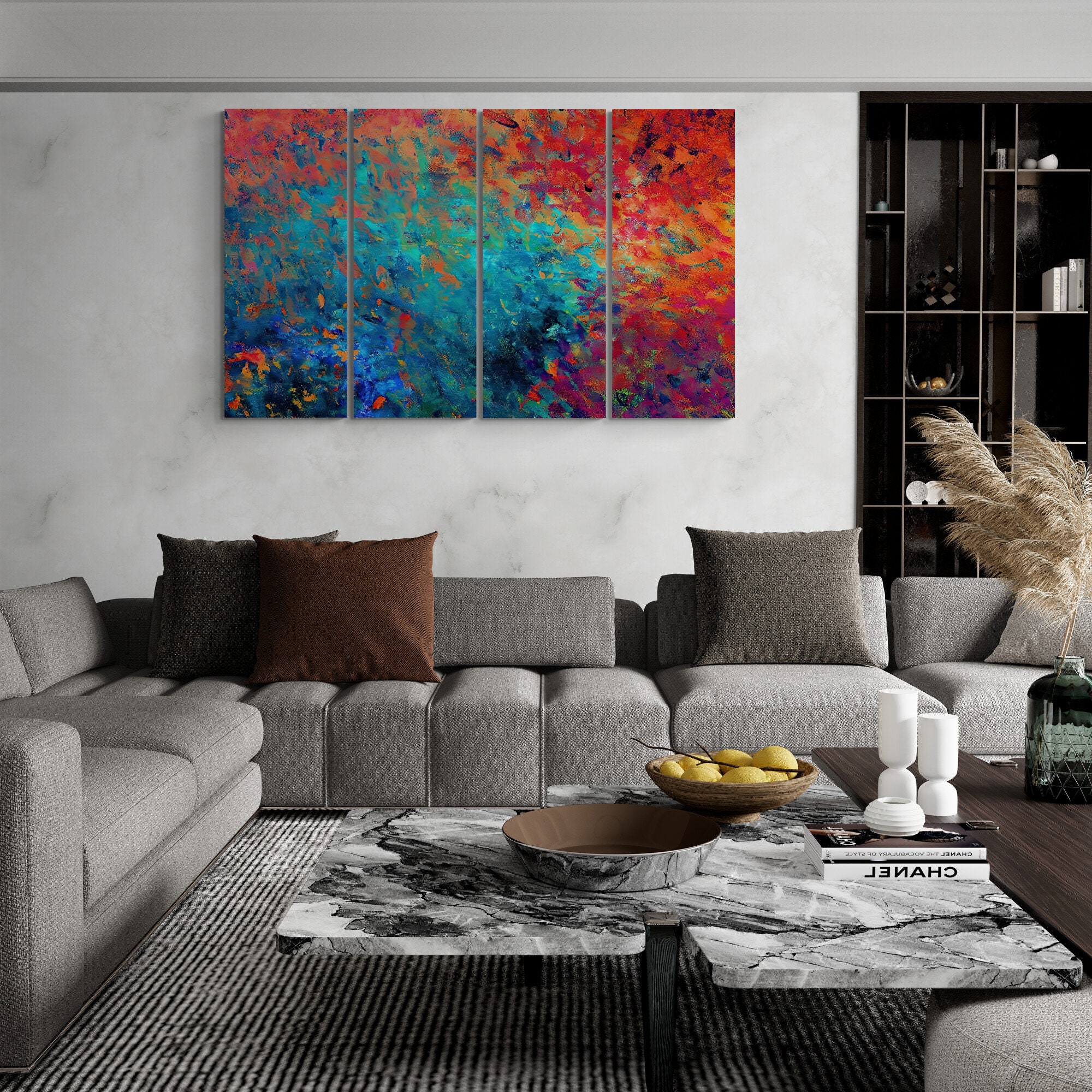 Red Blue Wall Art, Modern Colorful Canvas, Red Blue Framed Canvas