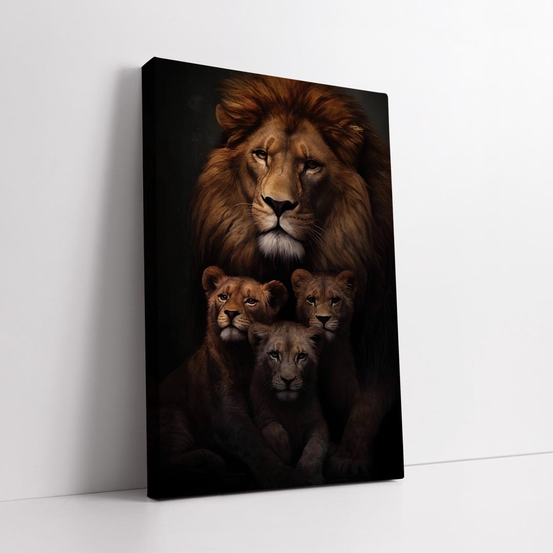 Lion Family Canvas Wall Art – Majestic African Wildlife King and Cubs ...