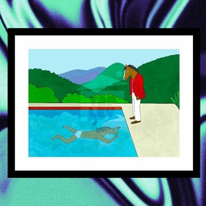 Arte mural de Bojack Horseman: parodia de David Hockney, retrato de un artista: piscina con dos figuras, arte de fans, espectáculo de caballos tristes, regalos para fans