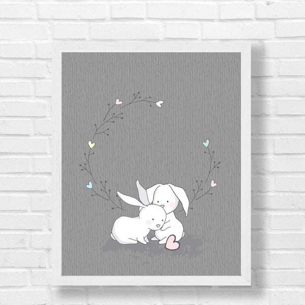 Mix & Match Kids Room, Whimsical Bunnies, Bunny Love, Happy Rabbits, Kids Room Decor, Baby Room Art, Children's Posters, Hearts, Love