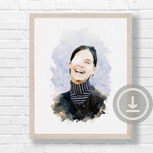 May include: A watercolour painting of a person with a white eye patch, smiling and wearing a black and white striped turtleneck sweater.