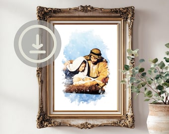 Holy Family Digital Watercolor Print: Catholic Wall Art (Printable Download)