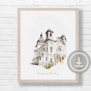 Basilica of St Mary Interior Watercolor Printable Wall Art, Americas First Basilica, Catholic Printable Wall Art, Digital Download Wall Art