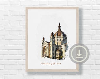 Puede incluir: Una impresión en acuarela enmarcada de la Catedral de San Pablo que presenta una gran cúpula central, múltiples torres y arquitectura de piedra en tonos beige y marrón. El texto Cathedral of St. Paul está impreso en marrón abajo al centro.