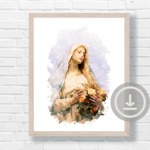 Virgin Mary Watercolor Art Print: Mother Mary with Flowers (Digital Download)