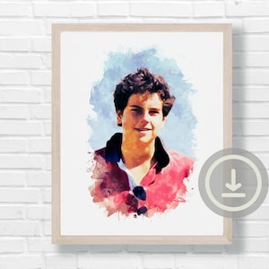 Puede incluir: Una pintura de acuarela de una persona joven con cabello castaño y una camisa roja. El fondo es una lavada de acuarela azul.