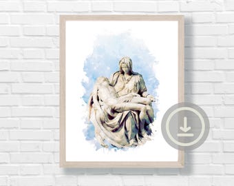 Pieta Aquarell Print: Michelangelo Kunst, Katholische Wanddekoration (Digitaler Download)