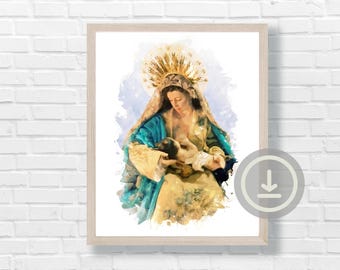 May include: A framed watercolor-style print depicting a figure with a golden halo, wearing a blue and beige robe, cradling and nursing an infant. The artwork features soft, blended brushstrokes and a light-colored wooden frame on a white wall.