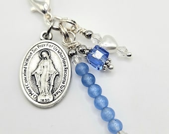 Miraculous Medal Zipper Pull, Clip on Charms, Planner or Journal Charm, Gift for Christian Women, Blue Glass Bead Purse or Bag Charm