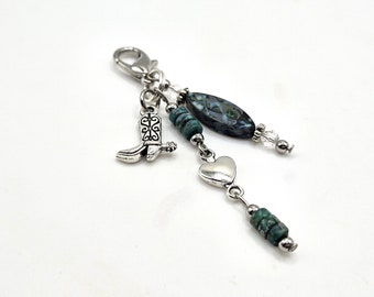 Cowgirl Boot Zipper Pull, Colorful Western Clip on Charms, Czech Glass and Gemstone Planner or Journal Charm,  Keychain or Bag Charm