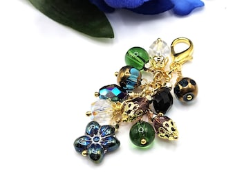 Zipper Pull, Planner Charm, Purse Charm, Clip on Charm for Handbag, Blue Purple and Green Flower Charm for Keychain, Beaded Journal Charm