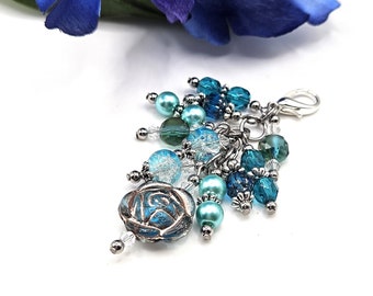 Zipper Pull, Planner Charm, Purse Charm, Clip on Charm for Handbag, Blue Glass Rose Flower Charm for Keychain, Beaded Journal Charm