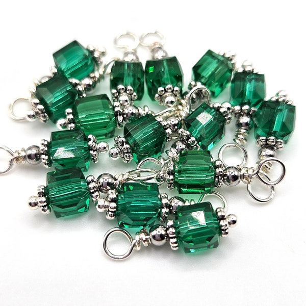 Dark Green Square Glass Bead Charm Dangle, 6mm Dangle Charms, DIY Charm Bracelets and Jewelry, Wire Wrapped Charms, Add a Charm, Cube Beads