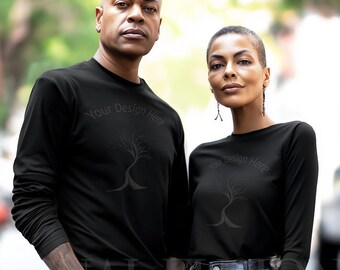 Maqueta de camiseta negra de manga larga, maqueta de pareja negra, maqueta de hombre y mujer negros, maquetas de estilo de vida, maqueta de pareja elegante, maqueta de San Valentín
