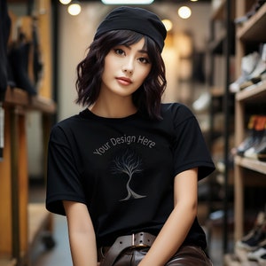 Black T-shirt short sleeves Mockup, T-shirt Mockup, Asian Female Lifestyle Shirt Mockup, Korean Tee Mockups, Japanese Mockup, Beauty Mock