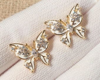 Real Gold Plated White Enamel Butterfly Stud Earrings with High Quality Cubic Zirconia, Classic Elegant Gold Earrings with S925 Post - US S