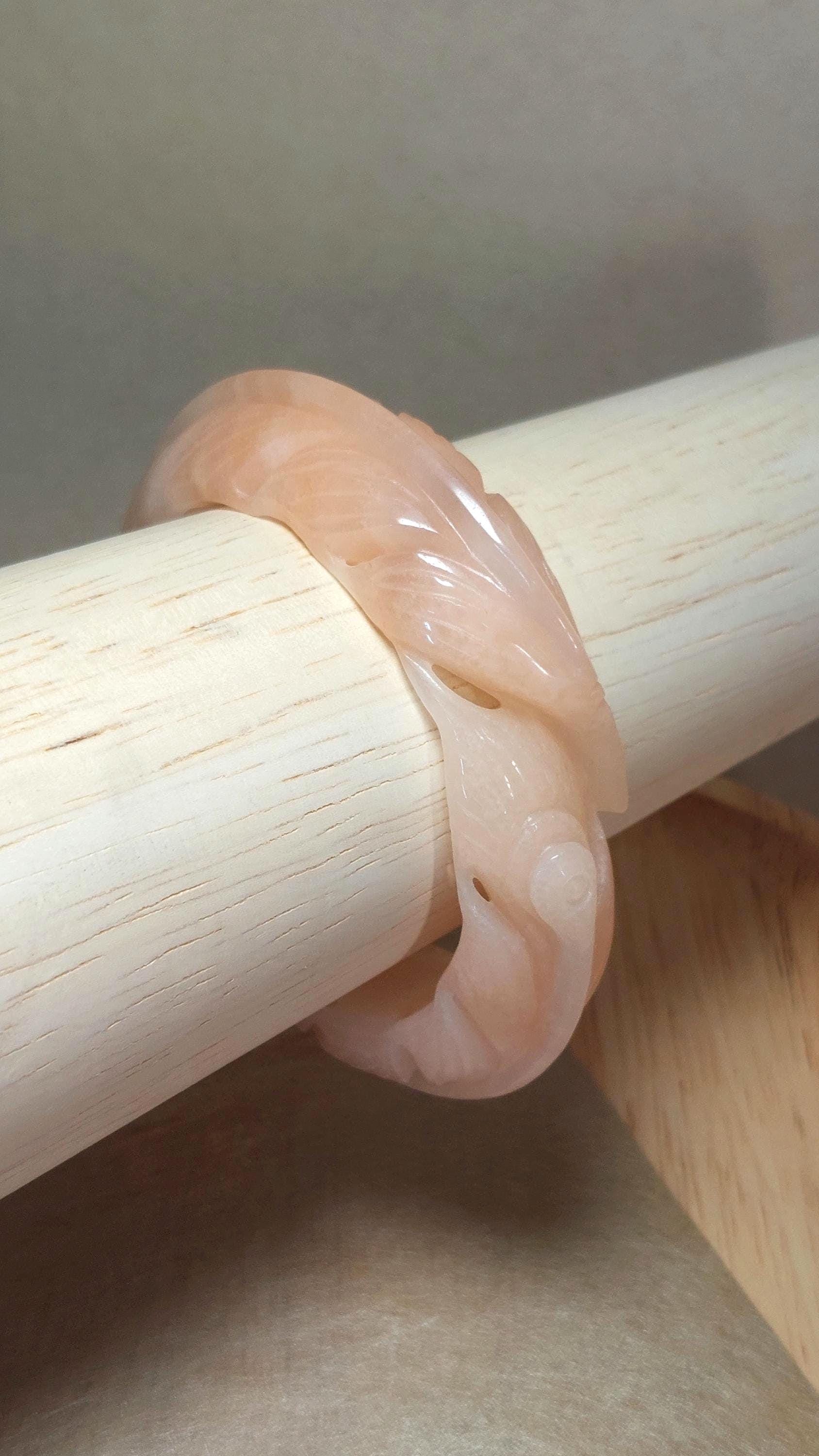 57.9mm Hand-carved Quartzite Jade Bangle, High Quality Detailed Feather Shaped Pale Coral Pink Sculpted SheTai Jade Bangle - US SELLER