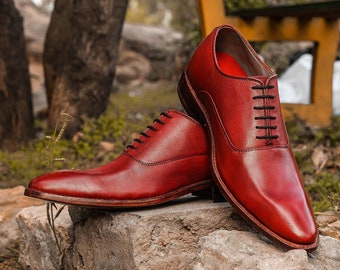 Handmade men maroon leather shoes, men wingtip brogue toe shoe, wedding  shoe men