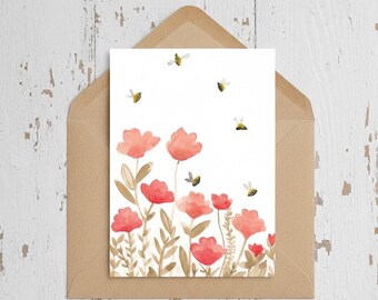 Tarjeta de flores silvestres; obra de arte original en acuarela