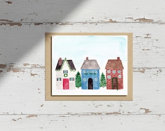 Little Houses Christmas Card; Watercolour Artwork