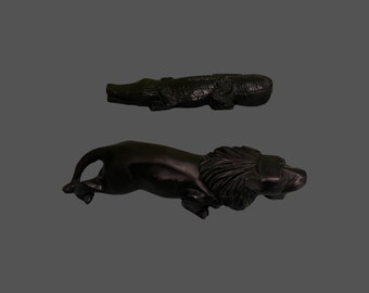 Black Ebony vintage hand carved Lion and a Black Ebony vintage hand carved crocodile combo