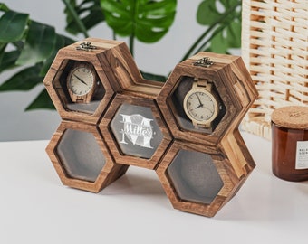 Boîtier de montre 5 emplacements, boîte de montre en bois gravée, boîtier pour montre pour homme, cadeau pour mari, organisateur de montre en bois, support de boîtier de montre